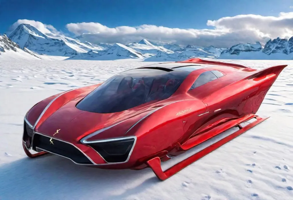 This is a red two-seater sports car with a ski instead of wheels. It is driving on a snowy mountain. The sky is blue, and the sun is shining. The car is very sleek and futuristic. It looks like something out of a science fiction movie.