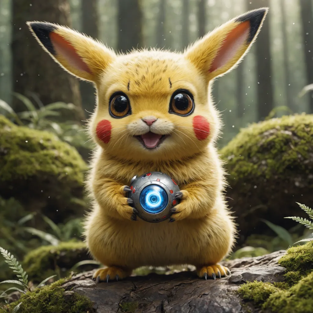 The image shows a Pikachu, which is a fictional creature from the Pokémon franchise. It is a small, yellow, and furry creature with a lightning bolt-shaped tail. It is standing in a forest, and it is holding a Poké Ball in its paws. The background is blurry, but it looks like there are trees and bushes in the background.