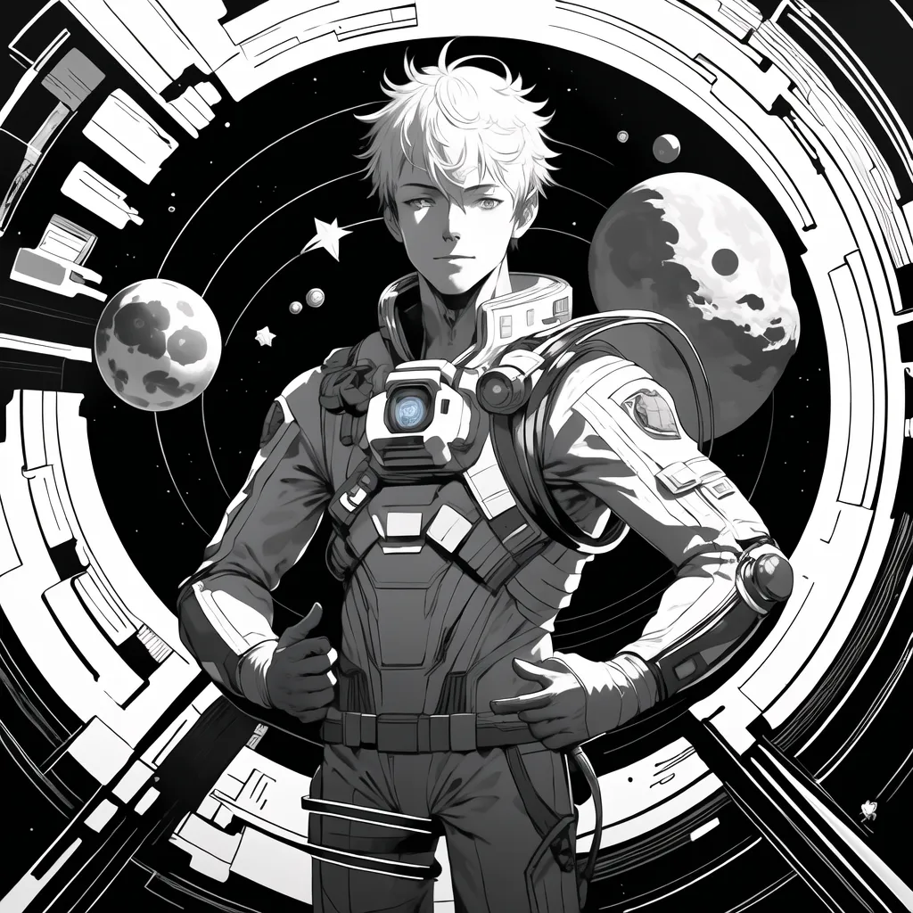 A black-and-white illustration of a young man in a spacesuit with a white cape. He is standing in front of a large spaceship, with a planet and stars in the background. The man has short white hair and blue eyes. He is wearing a spacesuit with a large backpack and a helmet. He is also wearing a cape that is blowing in the wind. The man is standing with his arms crossed, and he has a confident expression on his face.