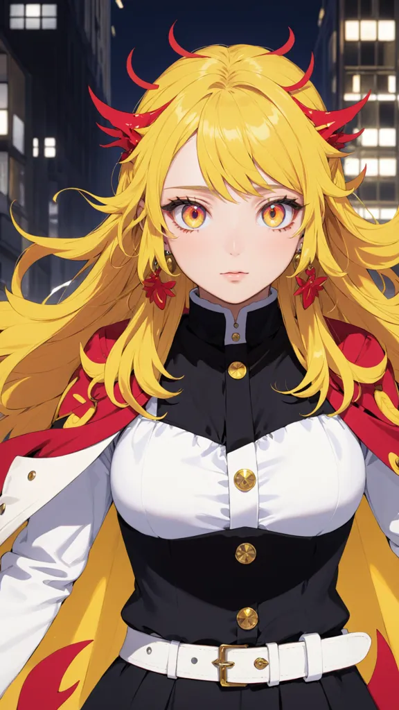 The picture shows a girl with long yellow hair and red eyes. She is wearing a white shirt with a black vest and a red cape. There are some yellow and red maple leaves on her clothes. She is standing in a city at night, and the lights of the city are reflected in her eyes.