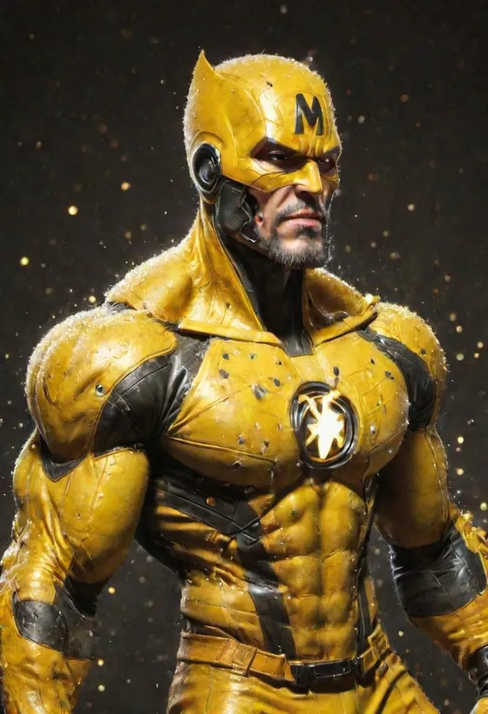 The image shows a superhero wearing a yellow and black suit. The suit has a lightning bolt on the chest. The superhero has a muscular build and is looking to the left of the frame. There is a dark background with a subtle light shining on the superhero.