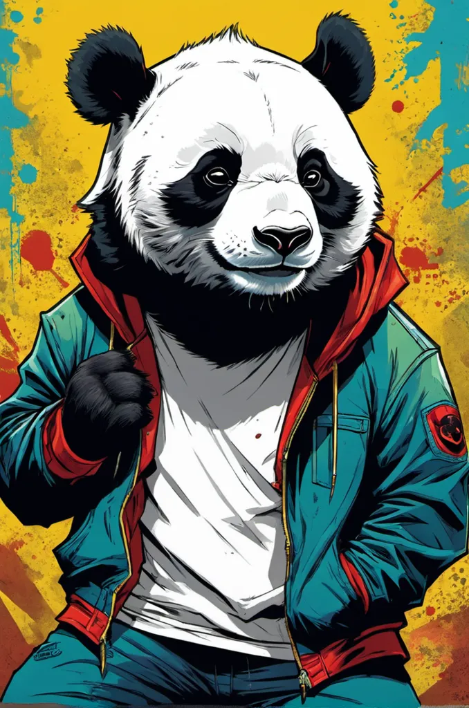 A graffiti-style illustration of a panda wearing a blue and red jacket. The panda has a smug expression on its face and is looking at the viewer. The background is a bright yellow with splashes of red and blue paint.