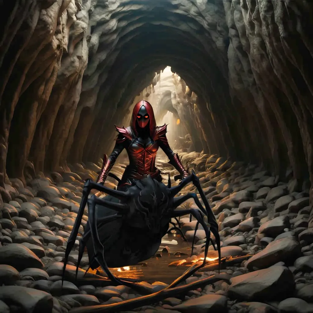 The image is a dark and damp cave. The floor is covered in rocks and pebbles. There is a large spider in the cave. The spider is black and has red eyes. It is also very large. There is a woman sitting on the back of the spider. The woman is wearing a red dress. She has long black hair and red eyes. She is also holding a sword.