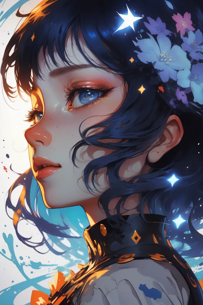 The picture shows a beautiful anime girl with long dark blue hair and blue eyes. She is wearing a black and white outfit with a high collar. There are some blue and purple flowers in her hair and some white stars around her head. The background is white with some blue and orange splashes.