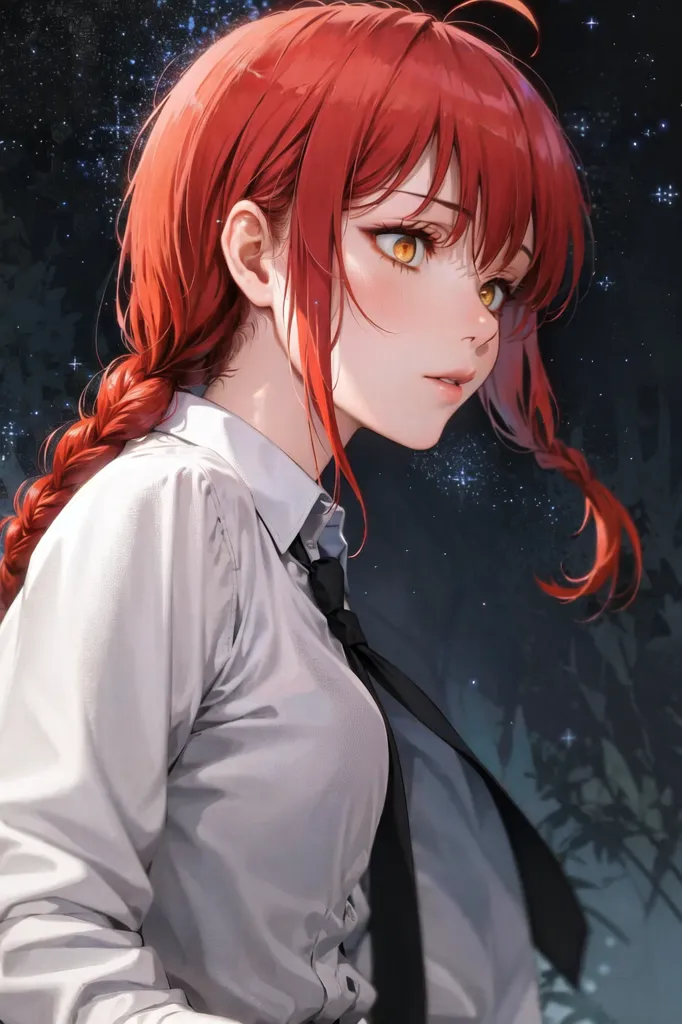 Cette image montre une jeune femme aux longs cheveux rouges et aux yeux jaunes. Elle porte une chemise blanche et une cravate noire. L'image est placée sur un fond sombre avec un ciel étoilé. L'expression de la femme est sérieuse et pensive.