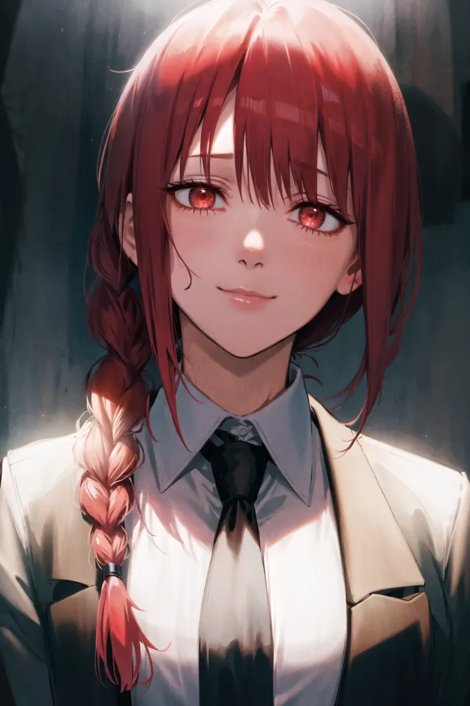 This is an image of a young woman with red hair and eyes. She is wearing a white shirt and a black tie. Her hair is in a long braid. She has a confident smile on her face. She is standing in front of a dark background.