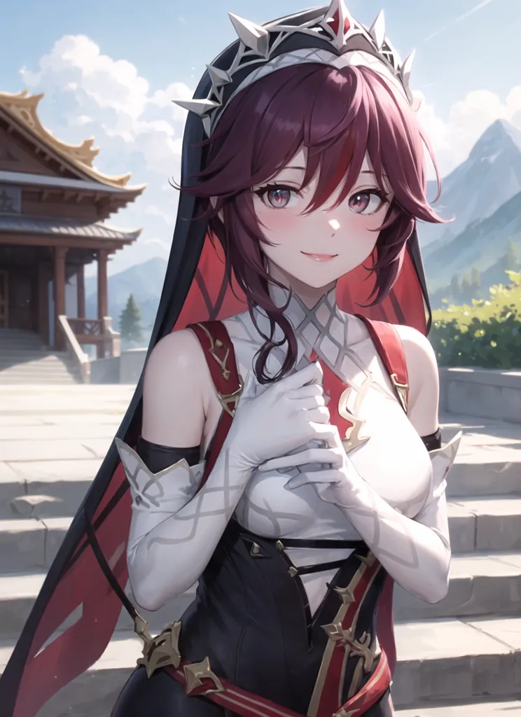 The image is of a young woman with pink hair and purple eyes. She is wearing a white and red dress with a black corset. She is also wearing a black choker and a red and white hat. She is standing in a temple, and there are mountains in the background. The woman is smiling and has her hands clasped together in front of her.