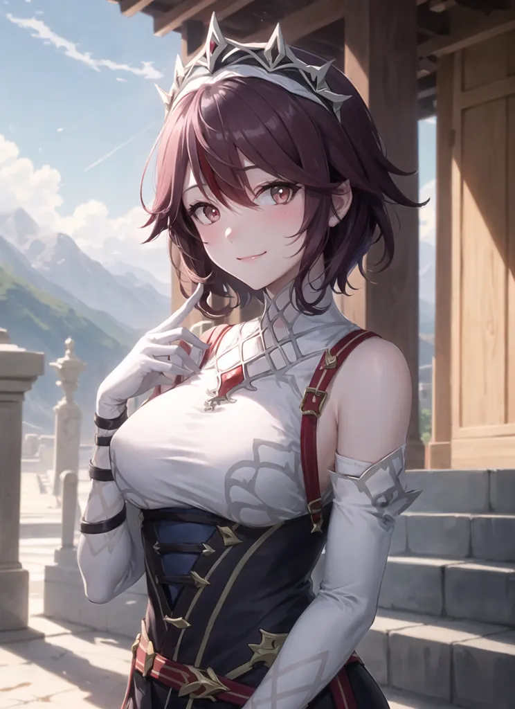 The image is of an anime-style girl with brown hair and red eyes. She is wearing a white and red dress with a black corset. She is standing in a temple, and there are mountains in the background. The girl is smiling and has her finger on her lips.