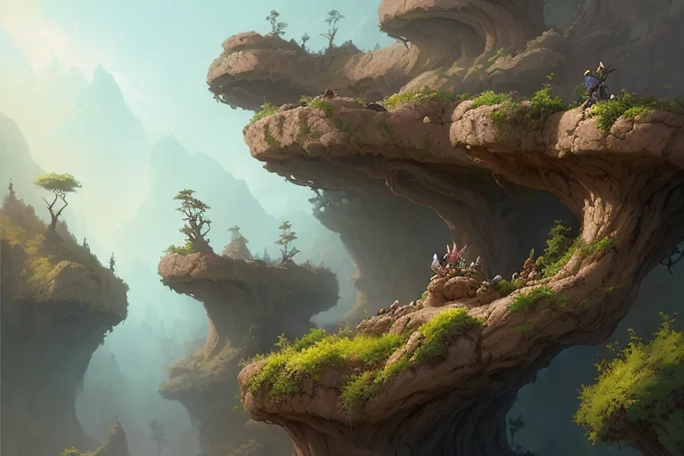 The image is a fantasy landscape. There are several large, rocky outcroppings that are covered in moss and vegetation. The outcroppings are connected by rope bridges. There are several small, humanoid creatures on the outcroppings. They are wearing cloaks and carrying staffs. The background is a mountain range, with a river running through the valley. The sky is blue and there are some clouds.