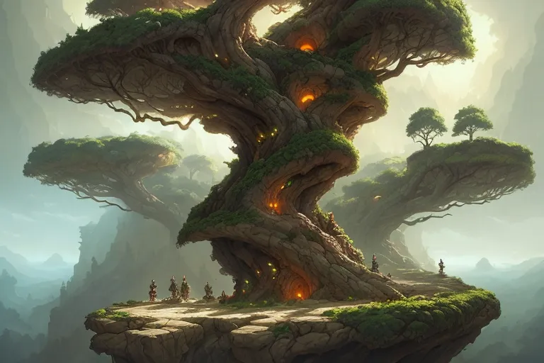 The image is a fantasy landscape. There is a giant tree in the center of the image. The tree has a large, thick trunk and branches that reach out to the sky. The leaves of the tree are a deep green color. There is a hole in the trunk of the tree and a light is shining out of it. There are two smaller trees on either side of the giant tree. The smaller trees are also green and have leaves. There is a group of people standing in front of the giant tree. The people are wearing long robes and they are carrying staffs. There are mountains in the background of the image and a river running through the valley.