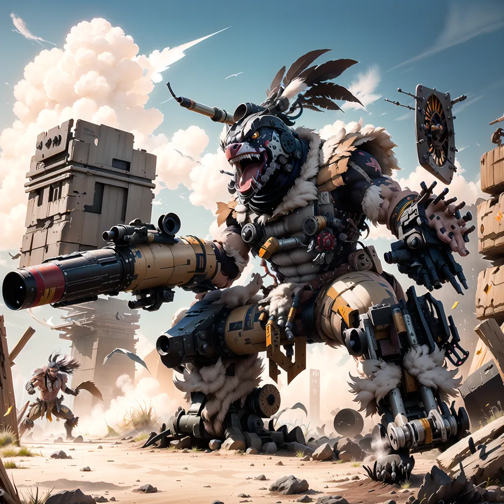 This image depicts a post-apocalyptic wasteland. There is a large, muscular, cybernetically enhanced gorilla standing in the middle of the image. It is wearing a variety of armor and weapons, including a large gun. In the background, there are several ruined buildings and structures. The sky is cloudy and there are some mountains in the distance.