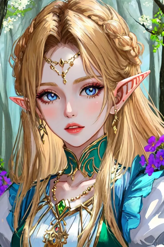 The image is of a beautiful, young woman with long, flowing blonde hair and blue eyes. She has pointed ears and is wearing a green dress with a white camisole. She is also wearing a gold necklace and a gold circlet on her head. She is standing in a forest, and there are flowers in the background.