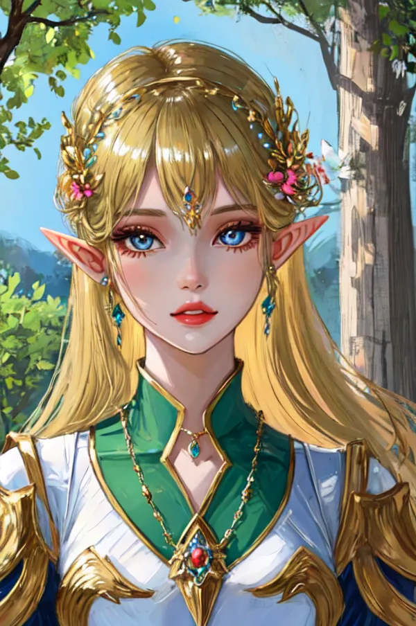 The image is of a beautiful young woman with long, flowing blonde hair. She has fair skin and blue eyes, and her ears are pointed. She is wearing a green dress with a white collar, and there is a gold necklace around her neck. She is also wearing a gold tiara with flowers on it, and there are flowers in her hair. She is standing in a forest, and there is a tree behind her.