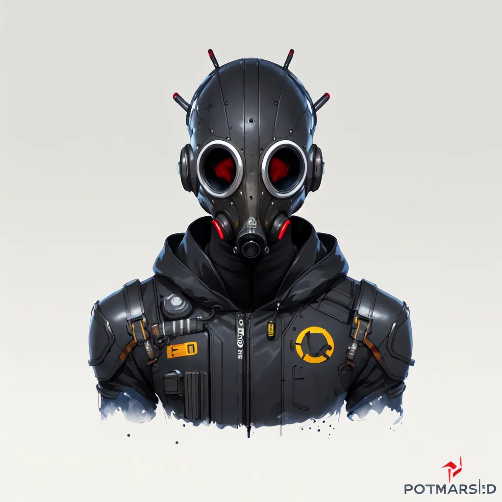 The image is a digital painting of a person wearing a futuristic gas mask and black armor. The mask has two red lenses and a respirator. The person is wearing a black jacket with yellow and white markings. The jacket has a collar and a zipper. The person is also wearing a black vest with a yellow circle on the right side. The vest has several pockets and straps. The person is wearing a black glove on their right hand.