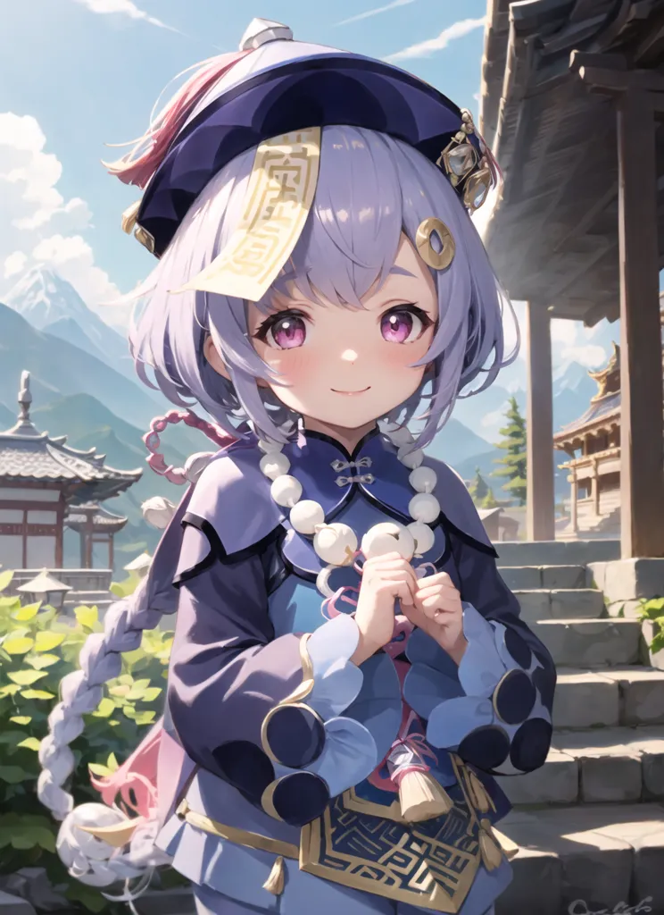 The image is of a young girl with purple hair and purple eyes. She is wearing a traditional Chinese dress with a blue and white skirt and a purple top. She is also wearing a hat with a blue and white pattern. The girl is standing in a courtyard with a traditional Chinese building in the background. There are also some plants and trees in the courtyard. The girl is smiling and has her hands clasped together in front of her.