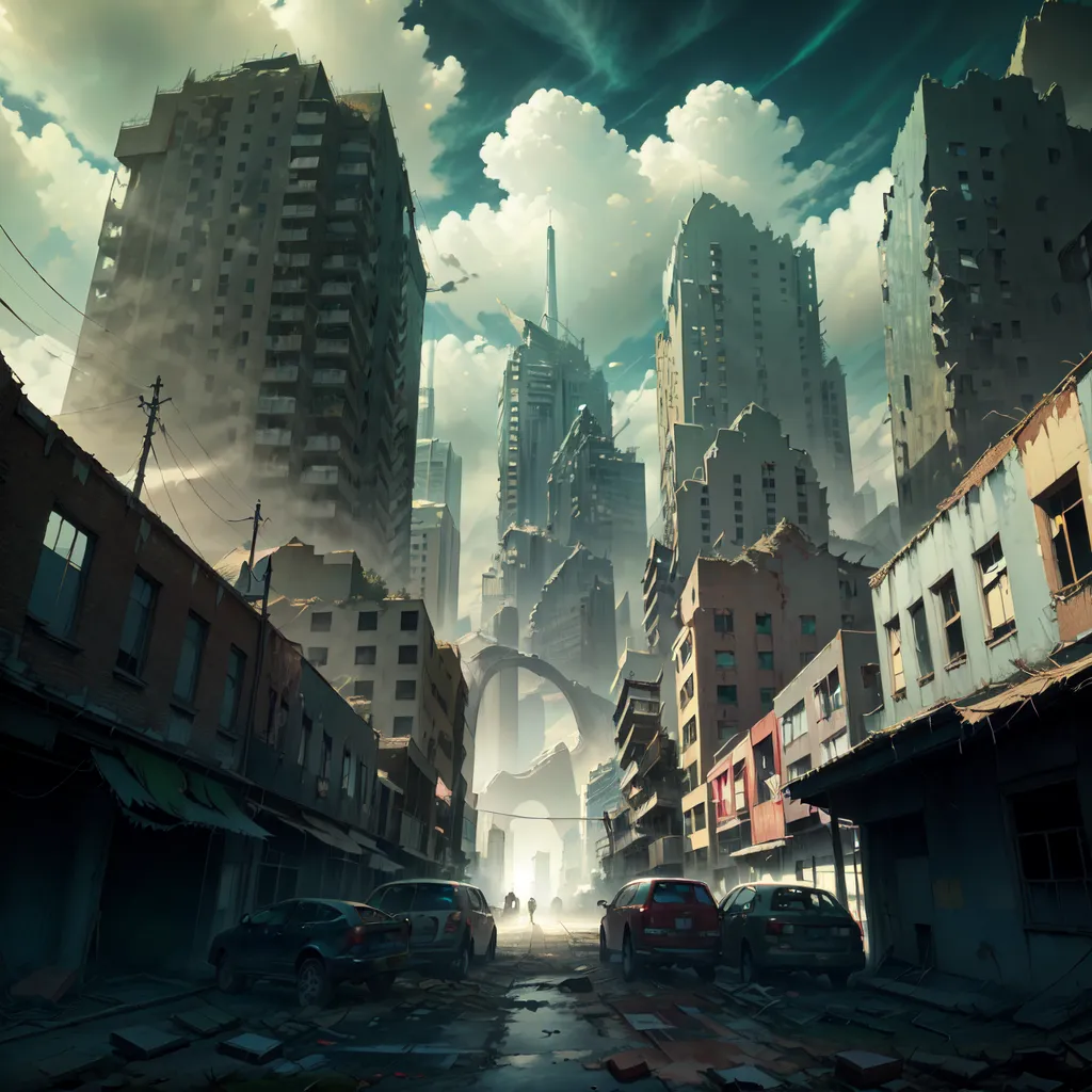 The image shows a ruined city. The buildings are all damaged and there are no people on the streets. The sky is dark and cloudy. There are some clouds in the sky. The image is very detailed and you can see the damage to the buildings up close.