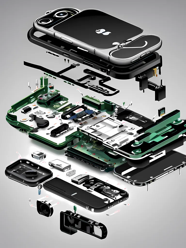 A imagem mostra uma vista explodida de um smartphone. O telefone é mostrado em grande detalhe, com todos os seus componentes internos visíveis. Os componentes estão arranjados de uma maneira que facilita ver como eles se encaixam. O telefone está sem a tampa traseira, e a bateria é visível. O telefone também está sem a tela, e a câmera é visível. O telefone está sem os botões, e o microfone é visível.