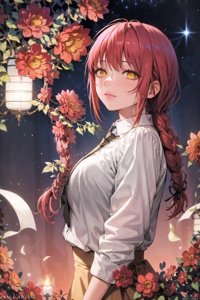 This image shows a young woman with long red hair and yellow eyes. She is wearing a white button-down shirt and a yellow tie. She is standing in front of a dark blue background with a starry night sky and a lantern with a candle in it. There are also some red and pink flowers in the background. The woman has a soft smile on her face and is looking at the viewer.