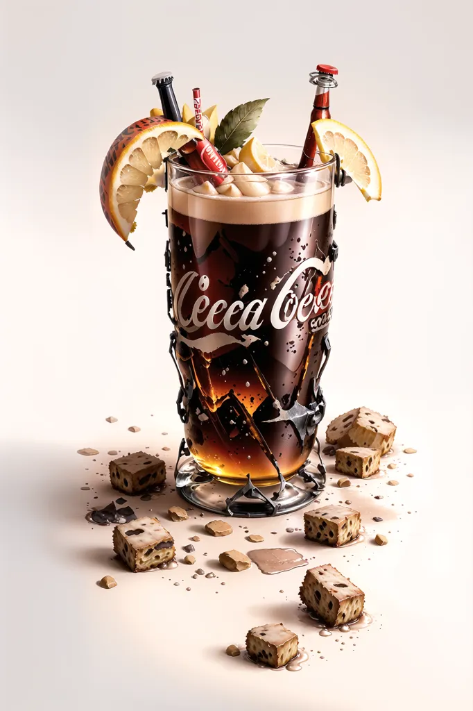 Ceci est une image d'un verre de Coca-Cola. Le verre est entouré de morceaux de chocolat et de tranches d'orange. Il y a également deux bouteilles de Coca-Cola sur le dessus du verre. L'arrière-plan est blanc. L'image est très réaliste et les couleurs sont très vives. Le logo Coca-Cola est clairement visible sur le verre.