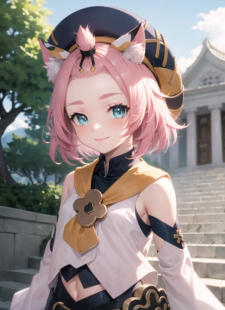 The image is of a young girl with pink hair and blue eyes. She is wearing a white and pink outfit with a black beret on her head. She has cat ears and a tail. She is standing in a courtyard with a building in the background.