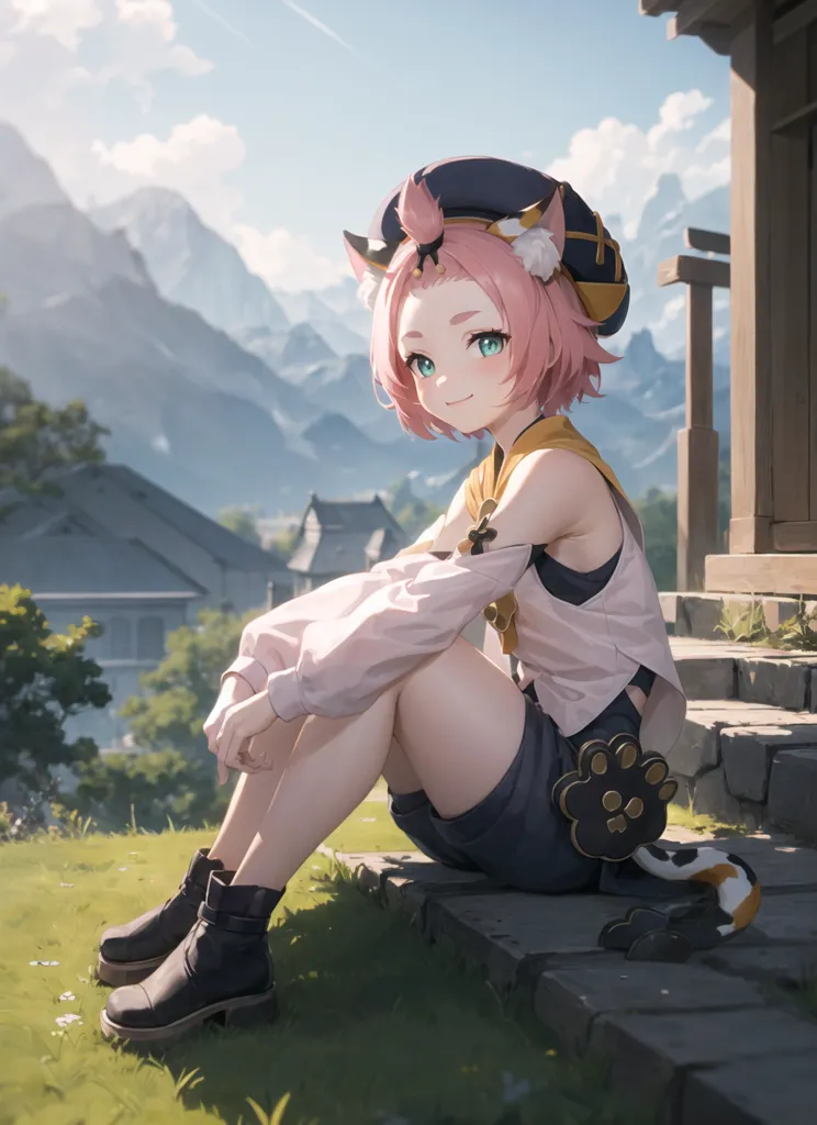 The image is of a young girl with pink hair and cat ears. She is wearing a white shirt, blue shorts, and brown boots. She is sitting on a stone step in front of a house. There are mountains in the background and a blue sky with white clouds. The girl is smiling and has her hand on her knee. She has a cat tail and cat ears.