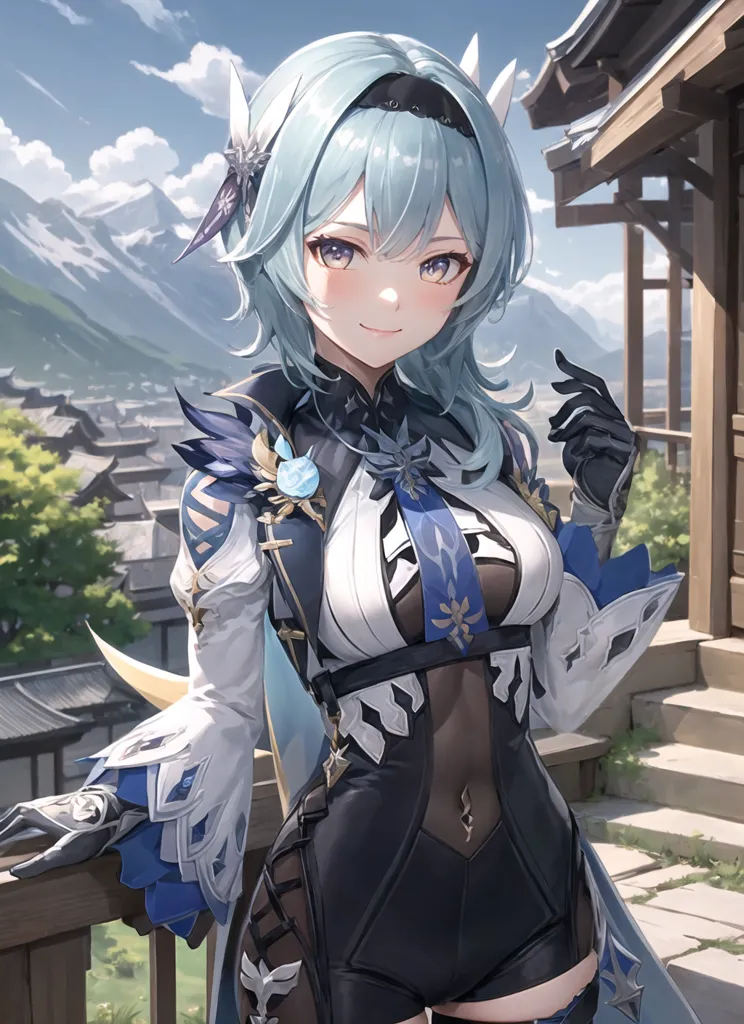 The image is of a young woman with long blue hair and purple eyes. She is wearing a white and blue outfit with a black corset. She is standing on a balcony with a railing, and there are mountains in the background. The woman is smiling and has her hand on the railing.