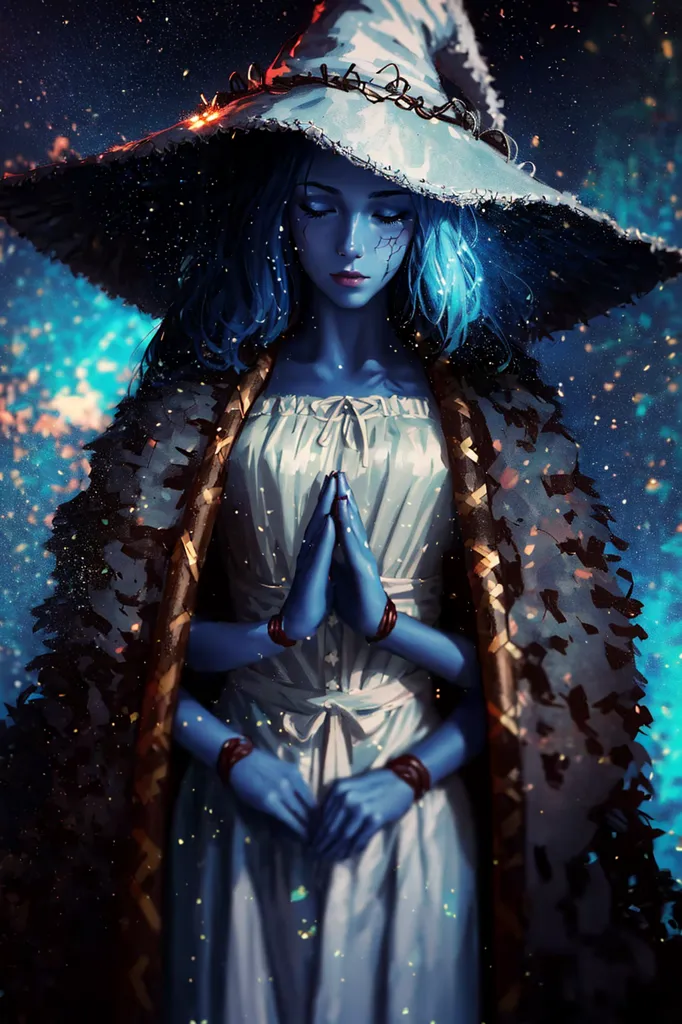 The picture shows a blue-skinned woman wearing a white dress with a tattered brown cloak and a witch hat. She has four arms, each with a bracelet on the wrist. She is praying with her eyes closed. There are some blue and green lights floating around her. She is standing in front of a starry night sky.