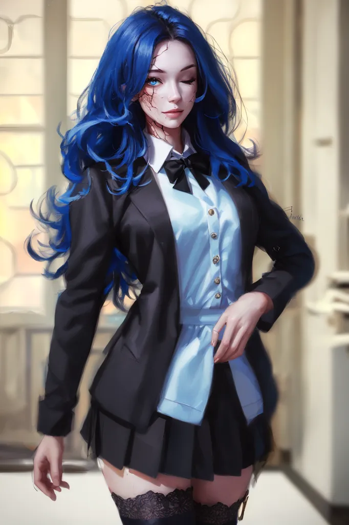 The image is of a young woman with blue hair and blue eyes. She is wearing a black suit jacket, a white dress shirt, and a black skirt. She has a black bow tie around her neck and black stockings with lace at the top. She is standing in a room with a white wall in the background. There is a door on the left and a window on the right. The floor is made of wood.