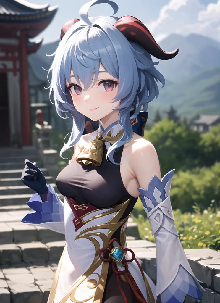 La imagen es de una chica de estilo anime con cabello azul y ojos morados. Ella está usando un vestido blanco y azul con un collar negro. Tiene una campana en el cuello y hay dos cuernos rojos en su cabeza. Ella está parada en un patio de estilo chino con una montaña en el fondo.