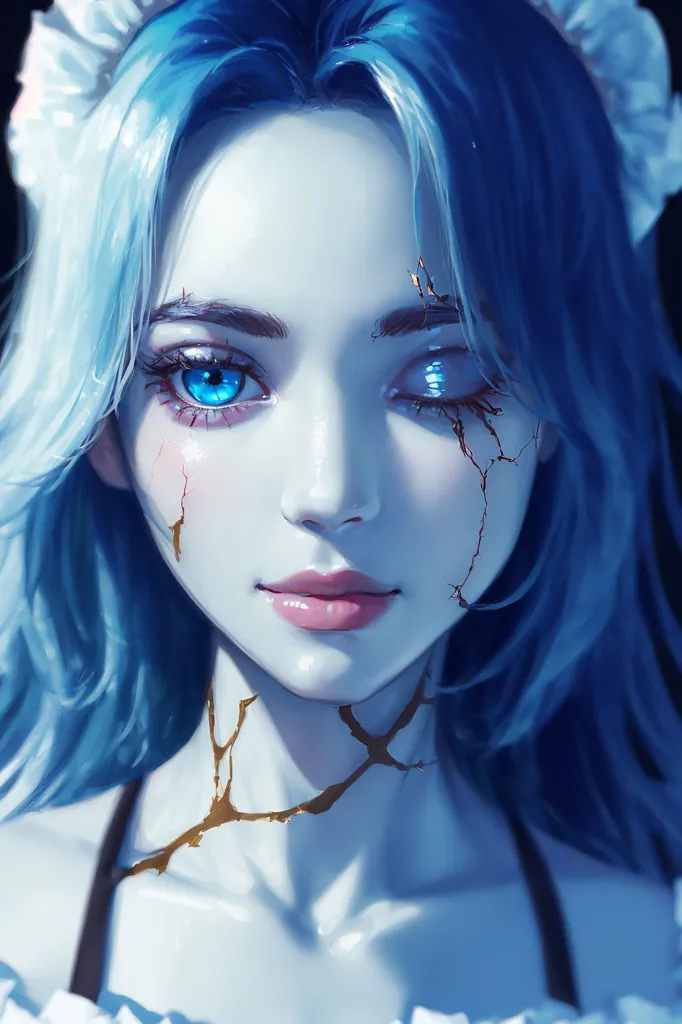 The image is a portrait of a beautiful young woman with blue hair and eyes. She is wearing a white dress with a blue sash and has a white lace headdress. The woman's face is sad and serene, and she is looking at the viewer with her left eye. There are cracks in her face and neck that are filled with gold. The background is dark with a spotlight shining on her.