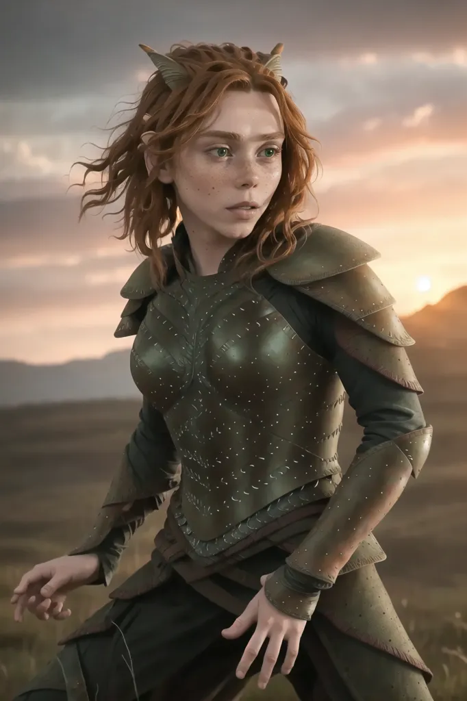 This image shows a young woman with red hair and green eyes. She is wearing a green breastplate and dark green pants. She has a serious expression on her face and is looking to the left of the frame. She has small horns protruding from her forehead and her ears are pointed.