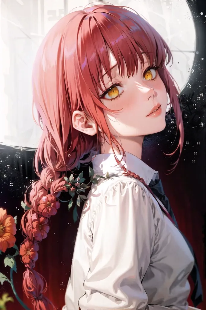 This image shows a young woman with long pink hair and yellow eyes. She is wearing a white shirt and has a braid with flowers in it. She is standing in front of a white background with a moon in the top right corner. She is looking at the viewer with a slight smile on her face.