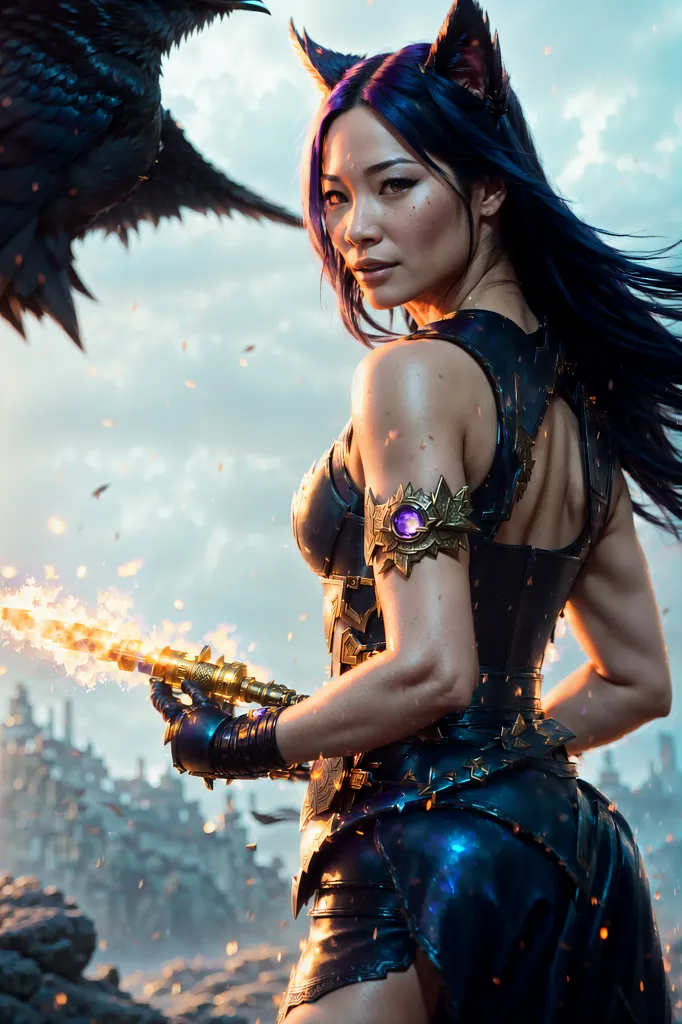 The image shows a young woman with long blue hair and cat ears. She is wearing a black leather armor with a purple gem in the center. She is holding a sword in her right hand and there is a raven flying behind her. The background is a ruined city with a large tower in the distance.