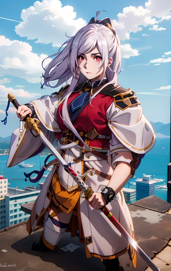 The image is of a young woman standing on a rooftop. She is wearing a white and red outfit and has long white hair. She is holding a sword in each hand. The background is a cityscape with mountains in the distance. The sky is blue and there are some clouds.