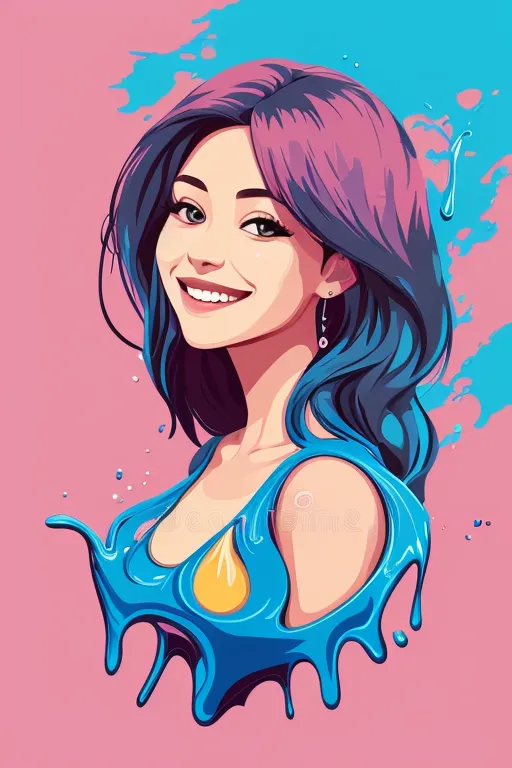 The image is a portrait of a young woman with long purple and blue hair. She is smiling and has a yellow droplet on her chest. The background is pink with blue and purple splashes.