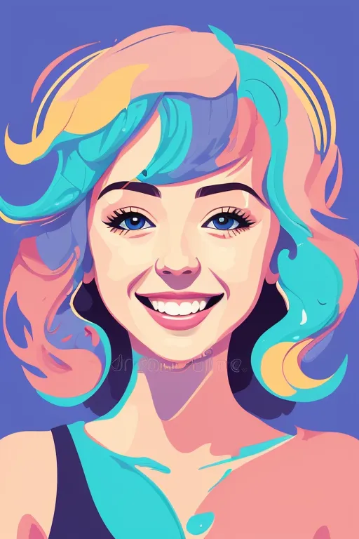 The image is a portrait of a young woman with multicolored hair. The colors include pink, blue, green, and yellow. The woman is smiling and has blue eyes. She is wearing a dark colored shirt. The background is purple.