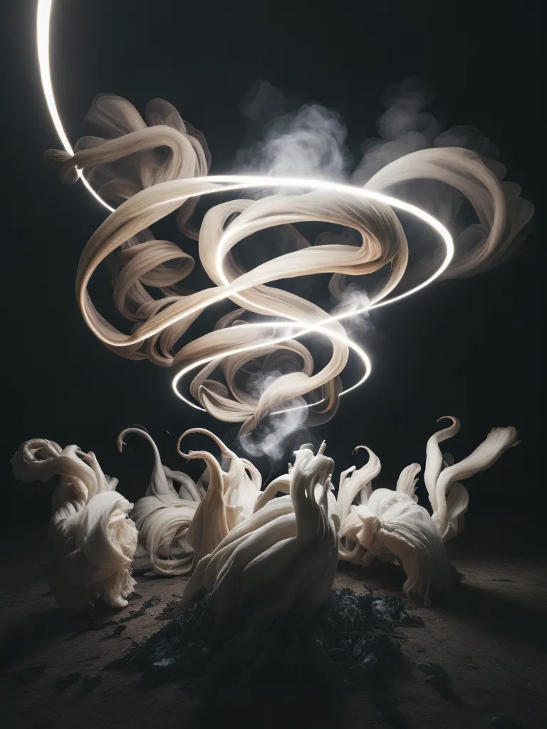 The image is a dark, mysterious scene with a glowing white light in the center. The light is surrounded by a swirling mass of white smoke and tendrils of white fabric. The fabric appears to be caught in the wind, and it is unclear what is causing it to move. The image is full of contrast, with the bright light and dark background creating a sense of drama and suspense. It is unclear what is happening in the image, but it is clear that something is amiss. The image is both beautiful and unsettling, and it leaves the viewer with a sense of wonder and curiosity.