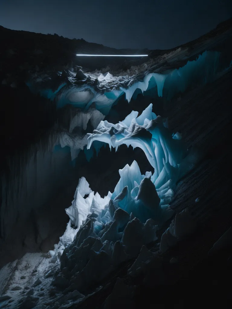 A imagem é uma caverna escura com uma grande estrutura gelada no centro. A estrutura é composta por afiadas e irregulares estalactites iluminadas por uma luz azul vinda de baixo. As estalactites estão arranjadas de forma a sugerir a cabeça de um dragão, completa com focinho, olhos e dentes. As paredes da caverna são escuras e sombrias, mas também cobertas por uma fina camada de gelo. O chão da caverna está coberto de neve. A imagem é tanto bela quanto assustadora, e evoca um sentimento de maravilha e admiração.