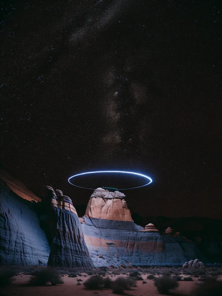 The image is a long shot of a rock formation in the desert at night. The rock formation is in the center of the image and is surrounded by a starry sky. There is a blue circle of light above the rock formation. The light is coming from a source that is not visible in the image. The rock formation is lit up by the light and is casting shadows on the ground. The ground is covered in sand and there are some small plants growing in the sand. The sky is full of stars and there is a Milky Way running through the center of the image. The image is very beautiful and is a great example of the beauty of the desert at night.