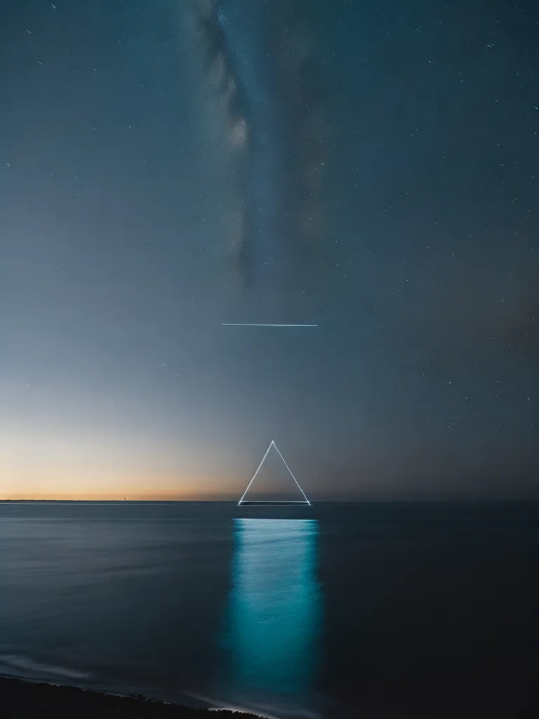 La imagen es de un cielo nocturno de color azul oscuro con un triángulo blanco brillante en el centro. Hay una línea por encima del triángulo que también es de color blanco brillante. El triángulo se refleja en el agua de abajo, creando un triángulo perfecto en el agua. El cielo está lleno de estrellas y hay un tono naranja claro en el horizonte. El agua es muy oscura y tranquila.