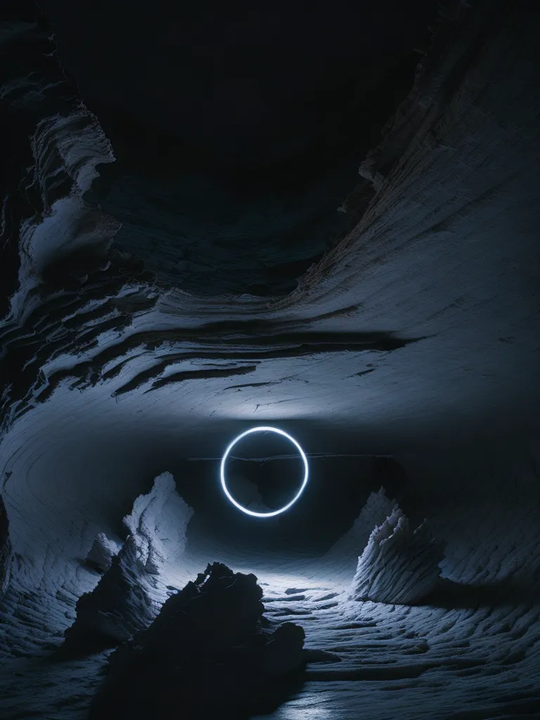 Ceci est une image d'un cercle blanc lumineux au centre d'une grotte sombre. La grotte est faite de roche gris clair et a une texture rugueuse. Le cercle est parfaitement rond et semble flotter dans les airs. Il est brillant et semble être la seule source de lumière dans la grotte.