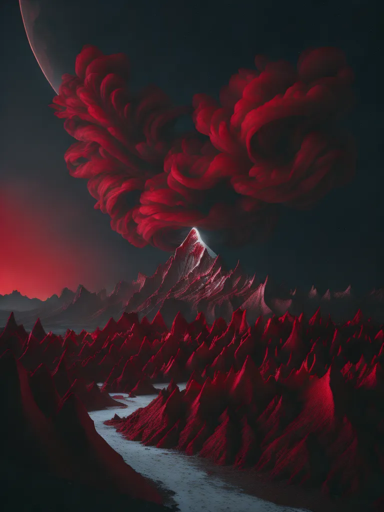 L'image est une peinture d'un paysage de montagne. Le ciel est sombre, la lune est pleine et les montagnes sont rouges. La couleur rouge donne à l'image un sentiment de danger et de mystère. La peinture est réalisée dans un style réaliste et l'artiste a utilisé une variété de techniques pour créer un sens de la profondeur et de l'atmosphère. L'image est à la fois belle et stimulante pour la réflexion, et elle invite les spectateurs à explorer les profondeurs de leur propre imagination.