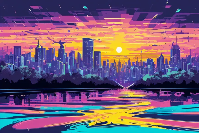 La imagen es una pintura digital de un paisaje urbano. La ciudad se representa en un estilo colorido y abstracto, con colores brillantes y líneas audaces. Los edificios son altos y de formas variadas, y la ciudad está rodeada por un gran cuerpo de agua. El cielo es un degradado de púrpura y rosa, y el sol se está poniendo sobre la ciudad. La imagen está llena de energía y movimiento, y captura la sensación de una metrópolis bulliciosa.