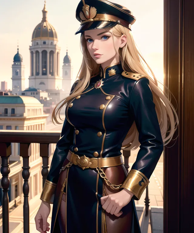 The image shows a woman wearing a black military uniform with gold epaulettes and a black hat with a gold band. She has long blond hair and blue eyes. She is standing on a balcony with a view of a city in the background.