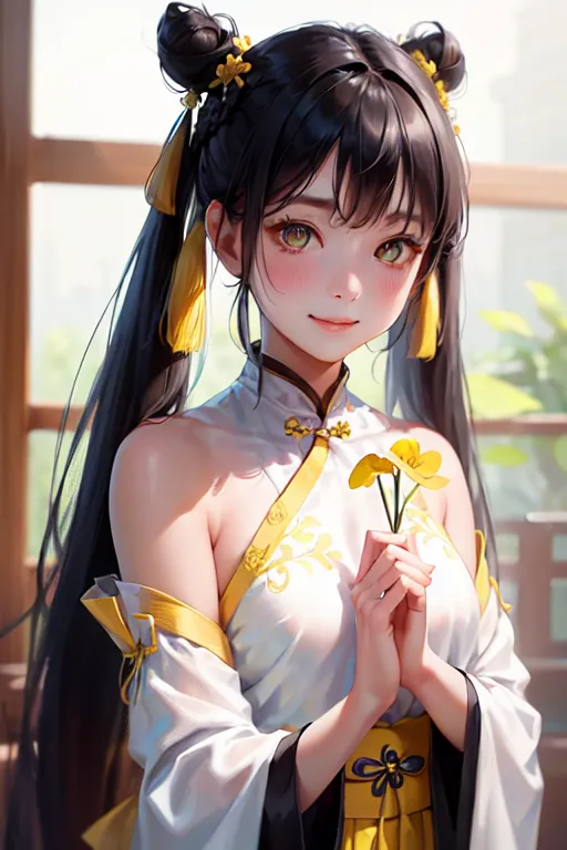 The image shows a young woman with long black hair and yellow eyes. She is wearing a white and yellow cheongsam with a yellow flower pattern. Her hair is tied up in two buns with yellow hair ties. She is standing in a room with a window in the background. The window has a yellow curtain. The woman is smiling and holding a small bouquet of yellow flowers.