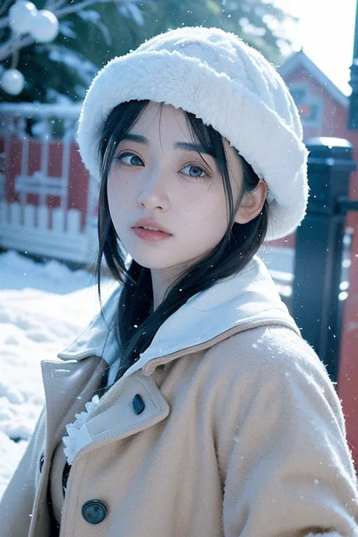 The image shows a young woman wearing a white fluffy hat and a beige coat with a fur collar. She has long black hair and blue eyes, and her lips are slightly parted. She is standing in a snowy forest, and the snow is falling lightly. The background is blurred, and there is a hint of a smile on her face.