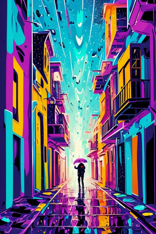 A imagem é uma pintura de uma cena de rua. A rua é estreita e calçada, e ladeada por edifícios de cores vivas. O céu é de um azul profundo, e há estrelas e uma lua crescente brilhando. A rua está molhada pela chuva, e há poças no chão. Um casal está caminhando pela rua, de mãos dadas. Ambos estão usando capas de chuva, e o homem está carregando um guarda-chuva. A pintura é feita em um estilo colorido e impressionista.