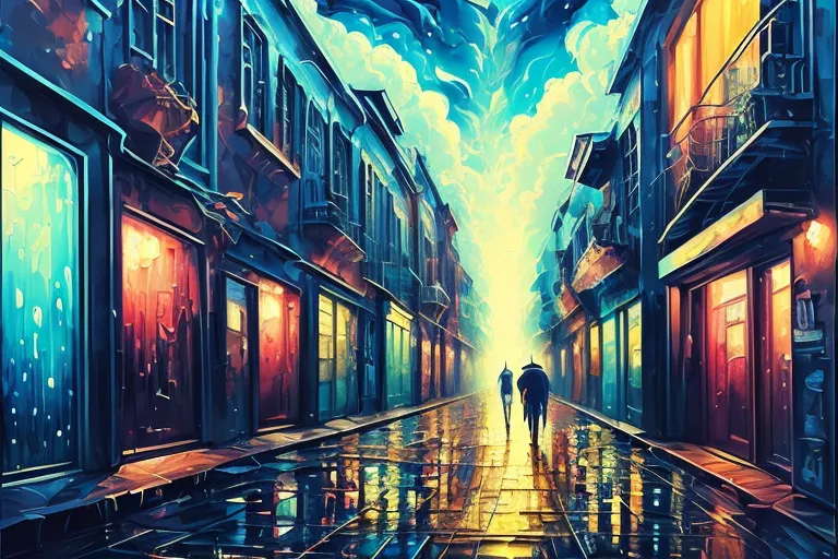 La peinture est une belle représentation d'une rue sous la pluie. La rue est bordée de bâtiments colorés, chacun avec son propre design unique. La pluie tombe abondamment, et les reflets des bâtiments dans les flaques au sol créent un sentiment de profondeur et d'atmosphère. La peinture est remplie de couleurs vives, et l'utilisation de la lumière et de l'ombre crée un sentiment de drame et d'excitation. L'effet global est celui de la beauté et de la tranquillité.