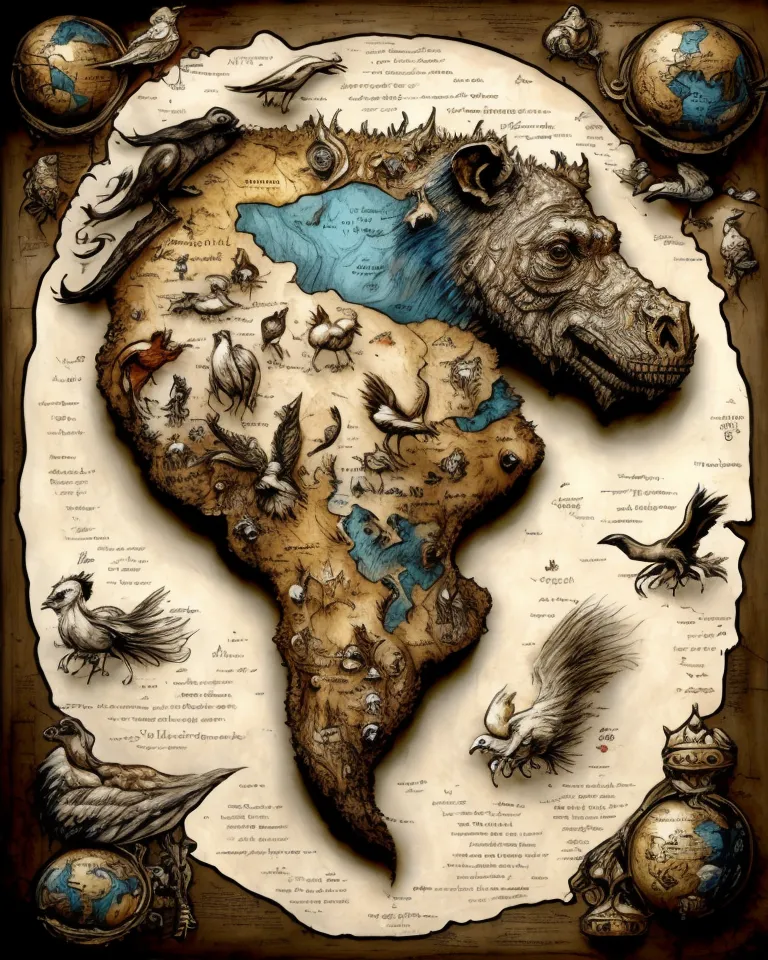 The image shows a map of the world with a difference. Continents and countries have the shapes of animals. For example, South America is shaped like a hippopotamus. The animals are drawn in a realistic style and the colors are muted. The map is surrounded by a frame with various illustrations, including birds, fish, and plants.