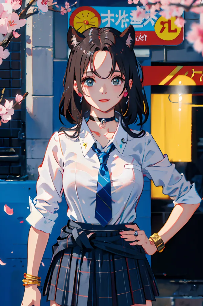 The image is a portrait of a young woman with cat ears. She is wearing a white shirt, a blue tie, and a gray skirt. She has brown hair and blue eyes. She is standing in front of a blue wall with a pink Sakura tree behind her. She has a confident expression on her face and is looking at the viewer.